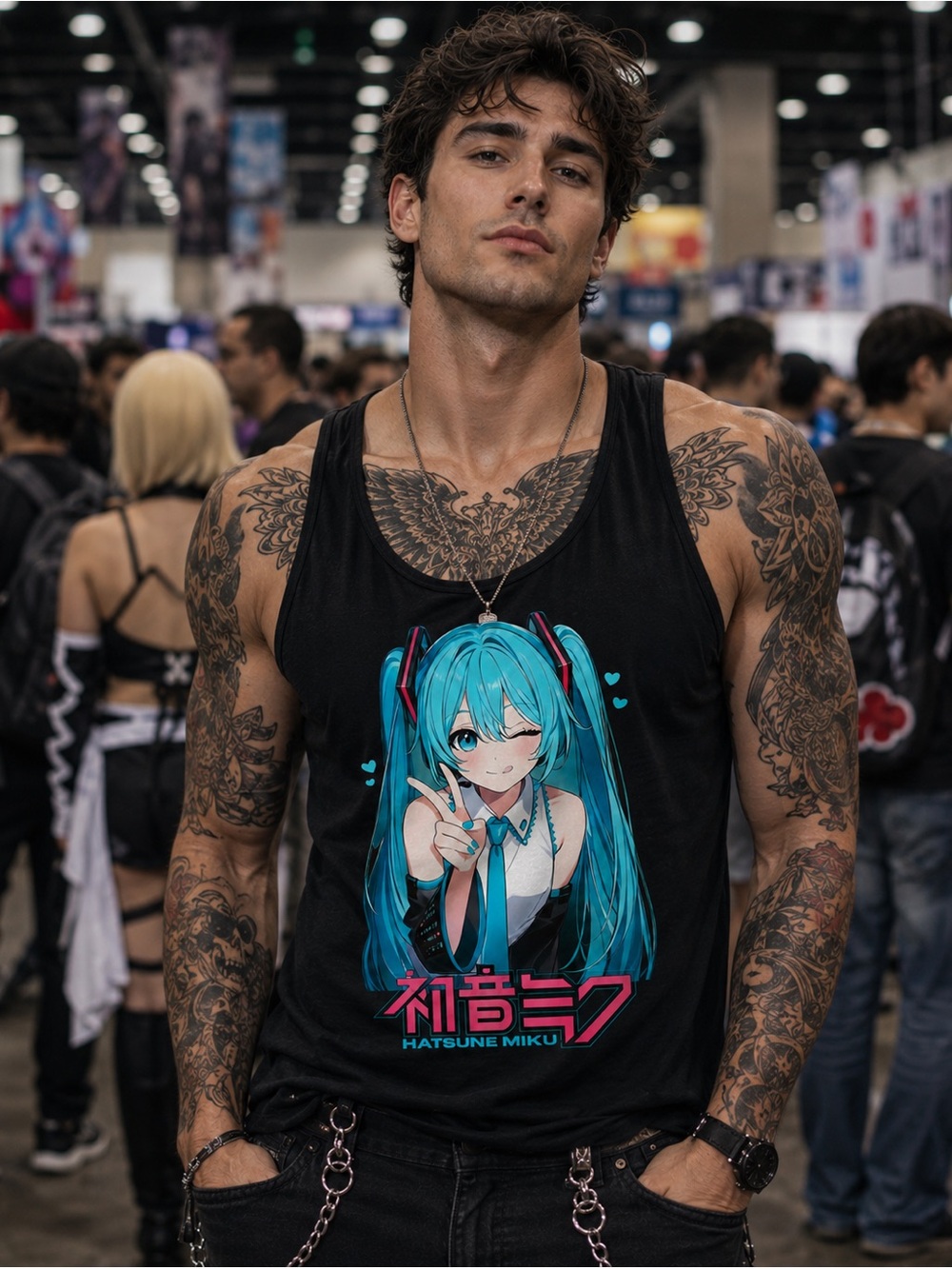 Hatsune Miku Cotton Vocaloid, Otaku Black Tank Top, Sz S up to 2XL